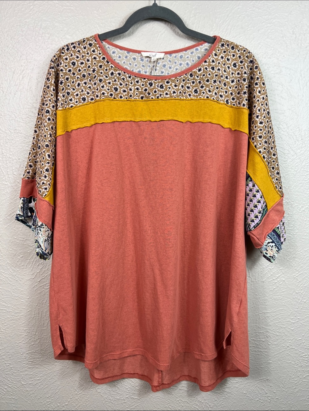 Easel Boho Mixed Fabric Short Sleeve Oversized Top Large